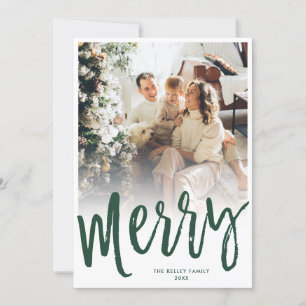 Merry Brush Script Text/Photo on Back, Green Holiday Card