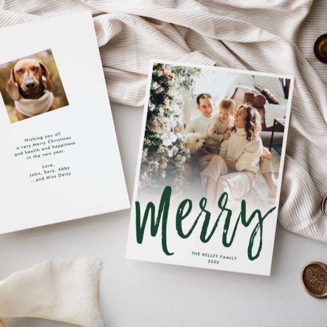 Merry Brush Script Text/Photo on Back, Green Holiday Card (Creator Uploaded)