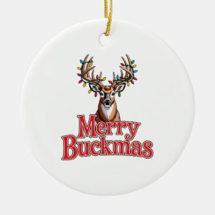 Merry Buckmas Deer Head Hunting Holiday Christmas Ceramic Tree Decoration