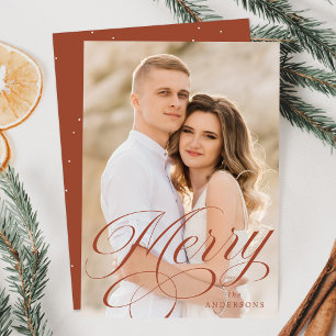 Merry Calligraphy Terracotta Script Overlay Photo Holiday Card