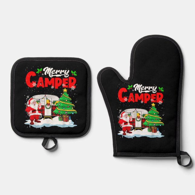 Merry Camper Christmas Santa Camper Camping Truck  Oven Mitt & Pot Holder Set (Front)