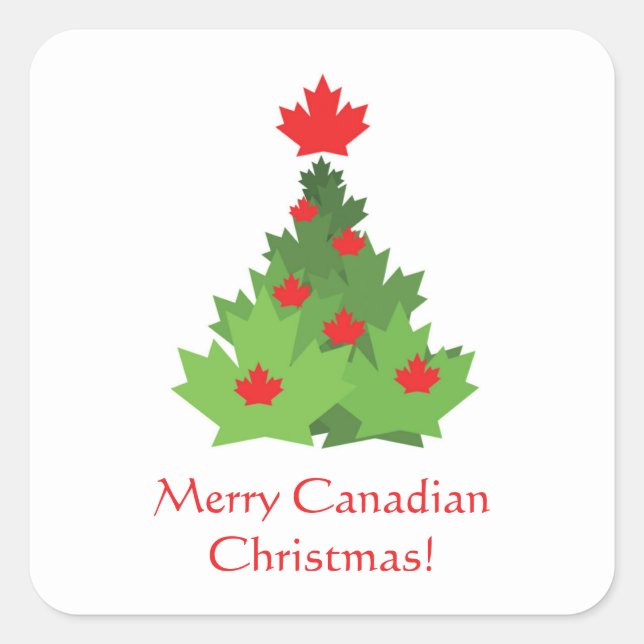 Merry Canadian Flag Maple Leaf Christmas Tree Square Sticker (Front)