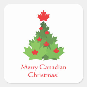 Merry Canadian Flag Maple Leaf Christmas Tree Square Sticker