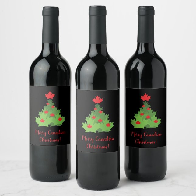 Merry Canadian Maple Leaf Flag Christmas  Wine Label (Bottles)