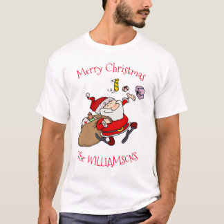 Merry Cartoon Santa With Christmas Gifts And Text T-Shirt