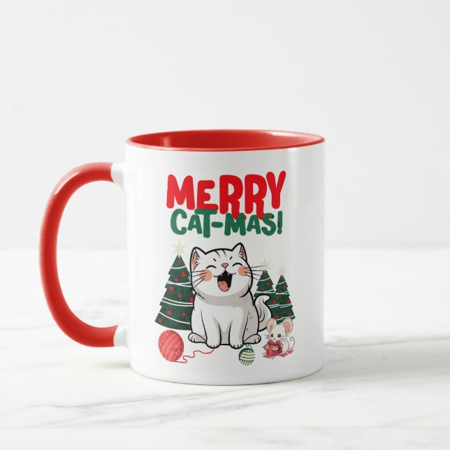 Merry Cat-Mas Coffee Mug: Adorable Cartoon Cat Mug (Left)