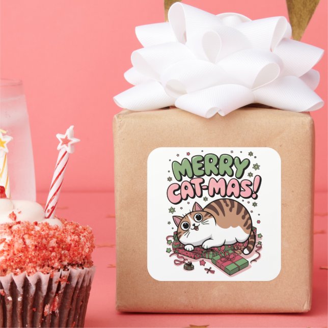 Merry Cat-mas! Cute Christmas Cat Square Sticker (Party)