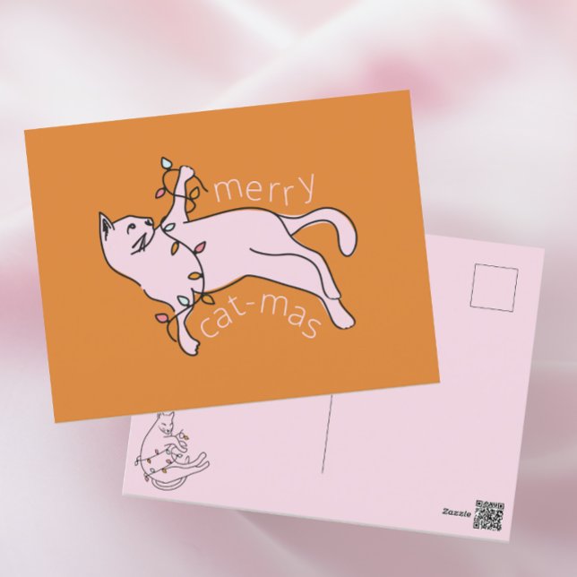Merry Cat-mas Pink Cat Christmas Light Holiday Postcard (Creator Uploaded)