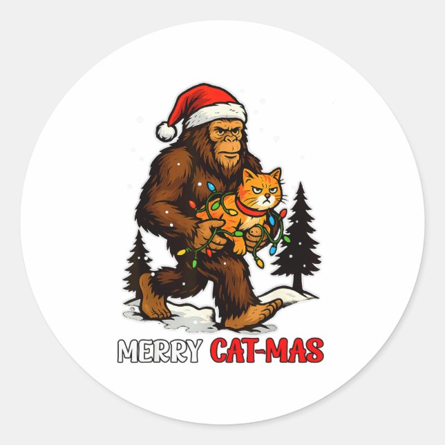 Merry Catmas Bigfoot And Lights Santa Hat Funny Ca Classic Round Sticker (Front)