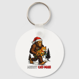 Merry Catmas Bigfoot And Lights Santa Hat Funny Ca Key Ring