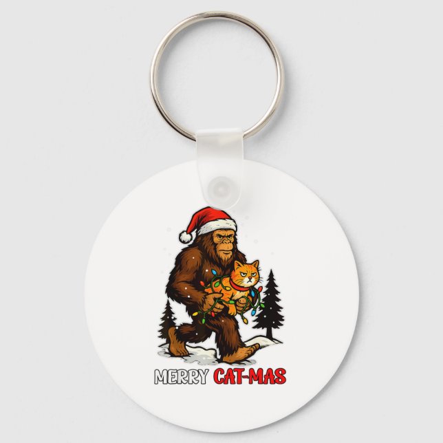 Merry Catmas Bigfoot And Lights Santa Hat Funny Ca Key Ring (Front)