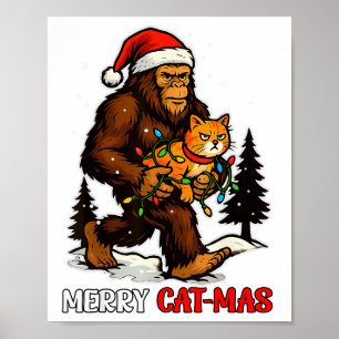 Merry Catmas Bigfoot And Lights Santa Hat Funny Ca Poster