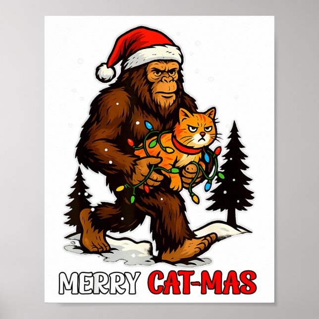Merry Catmas Bigfoot And Lights Santa Hat Funny Ca Poster (Front)