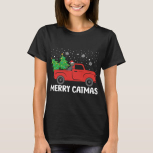 Merry Catmas Black Cat and Christmas Tree Red Truc T-Shirt