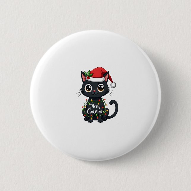 Merry Catmas Black Cat Christmas Light Xmas Family 6 Cm Round Badge (Front)