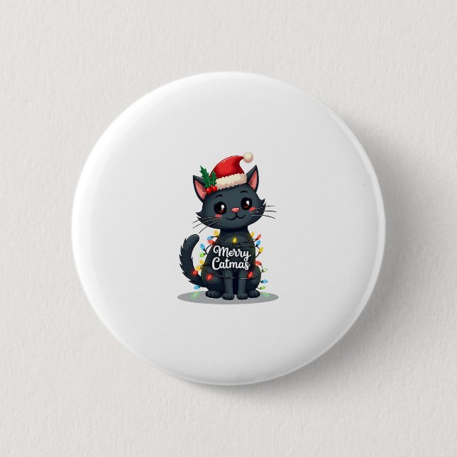 Merry Catmas Black Cat Christmas Light Xmas Family 6 Cm Round Badge (Front)