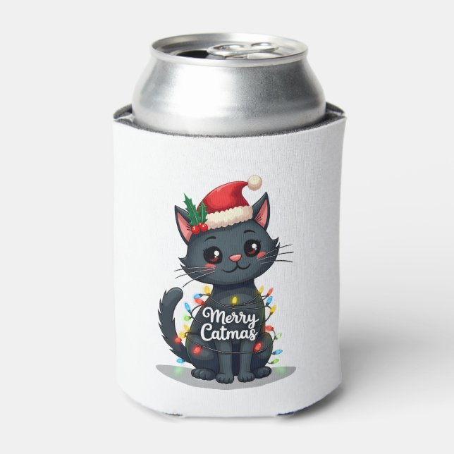 Merry Catmas Black Cat Christmas Light Xmas Family Can Cooler (Can Front)