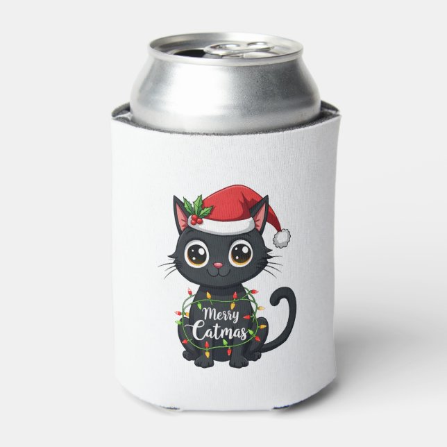 Merry Catmas Black Cat Christmas Light Xmas Family Can Cooler (Can Front)