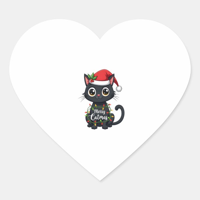 Merry Catmas Black Cat Christmas Light Xmas Family Heart Sticker (Front)
