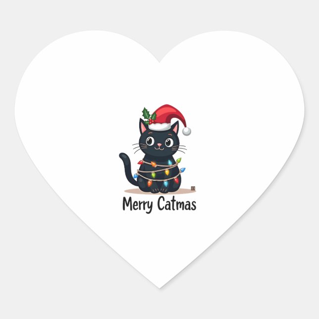Merry Catmas Black Cat Christmas Light Xmas Family Heart Sticker (Front)