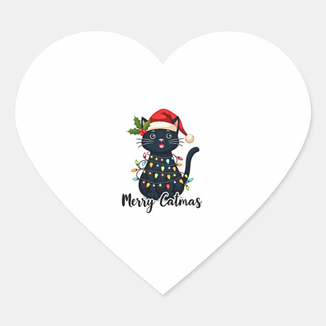 Merry Catmas Black Cat Christmas Light Xmas Family Heart Sticker (Front)