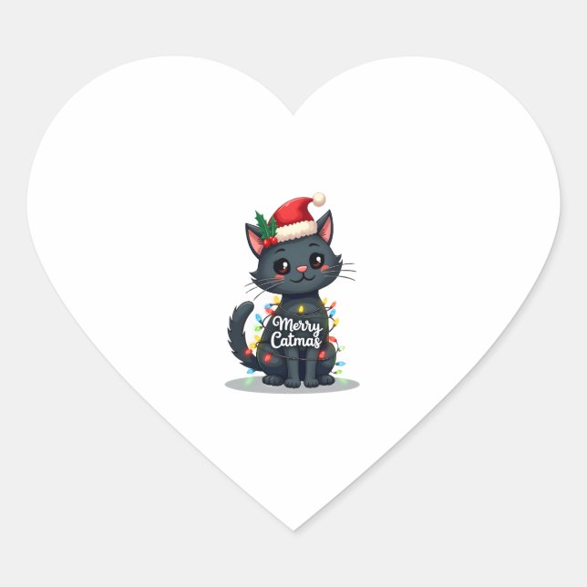 Merry Catmas Black Cat Christmas Light Xmas Family Heart Sticker (Front)