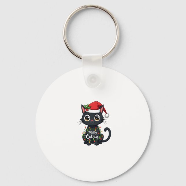 Merry Catmas Black Cat Christmas Light Xmas Family Key Ring (Front)