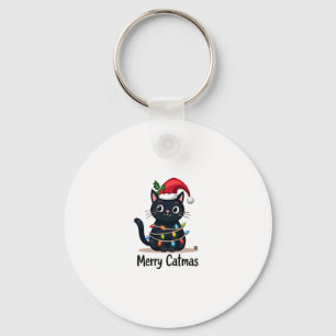 Merry Catmas Black Cat Christmas Light Xmas Family Key Ring