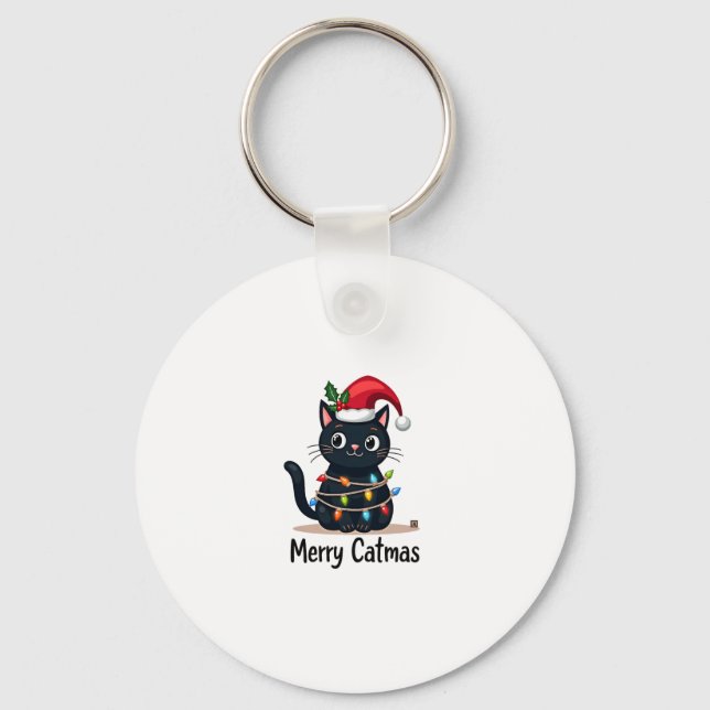 Merry Catmas Black Cat Christmas Light Xmas Family Key Ring (Front)
