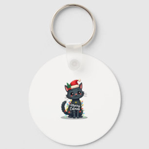 Merry Catmas Black Cat Christmas Light Xmas Family Key Ring