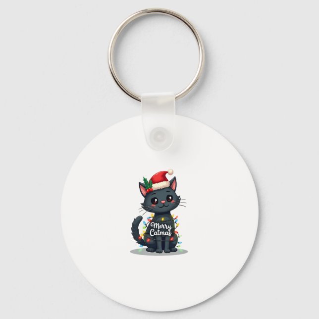 Merry Catmas Black Cat Christmas Light Xmas Family Key Ring (Front)