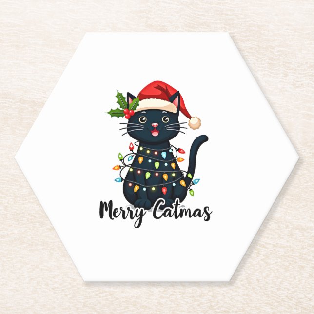 Merry Catmas Black Cat Christmas Light Xmas Family Paper Coaster (Front)
