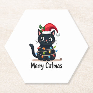 Merry Catmas Black Cat Christmas Light Xmas Family Paper Coaster
