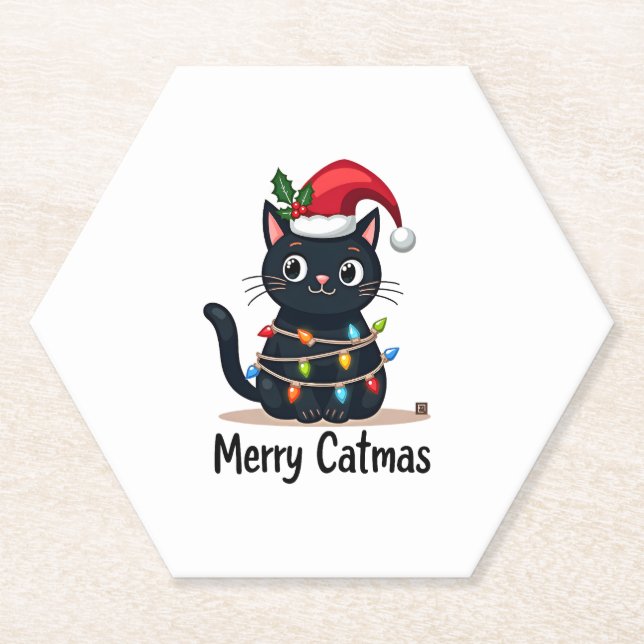 Merry Catmas Black Cat Christmas Light Xmas Family Paper Coaster (Front)