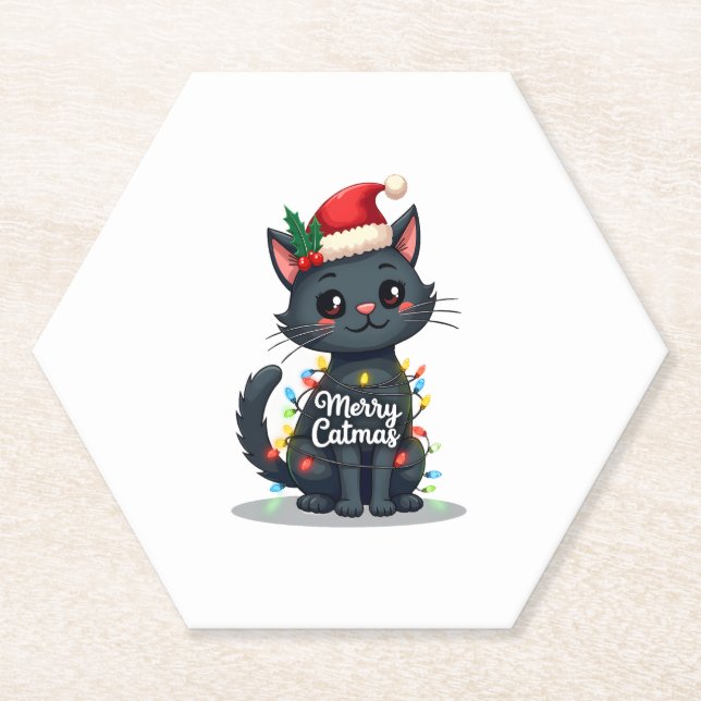 Merry Catmas Black Cat Christmas Light Xmas Family Paper Coaster (Front)