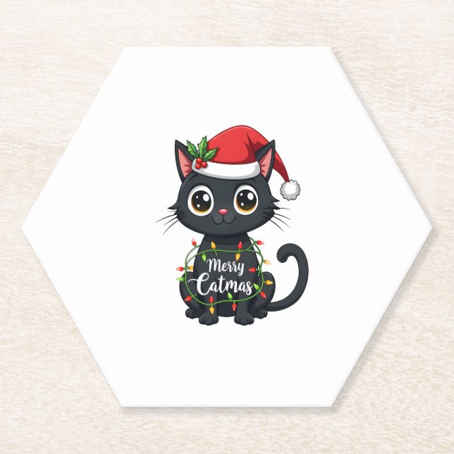 Merry Catmas Black Cat Christmas Light Xmas Family Paper Coaster (Front)