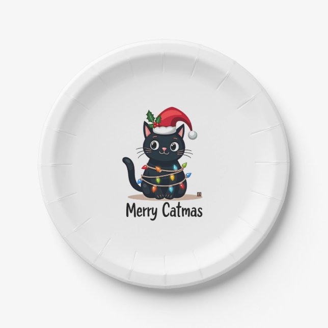 Merry Catmas Black Cat Christmas Light Xmas Family Paper Plate (Front)
