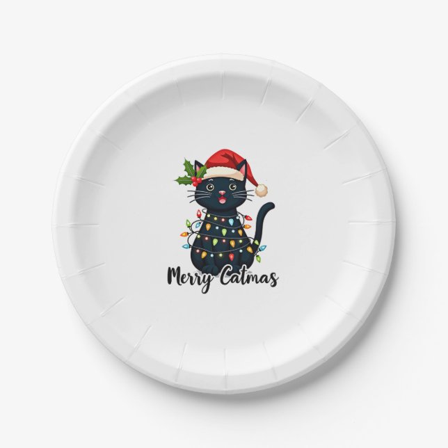 Merry Catmas Black Cat Christmas Light Xmas Family Paper Plate (Front)