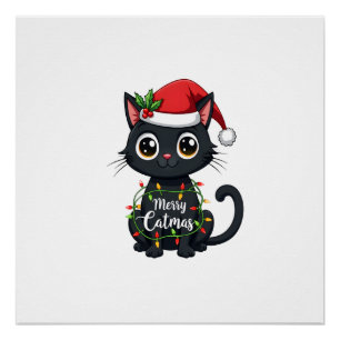 Merry Catmas Black Cat Christmas Light Xmas Family Poster