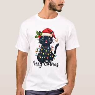 Merry Catmas Black Cat Christmas Light Xmas Family T-Shirt