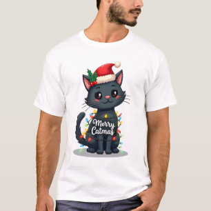 Merry Catmas Black Cat Christmas Light Xmas Family T-Shirt