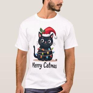 Merry Catmas Black Cat Christmas Light Xmas Family T-Shirt