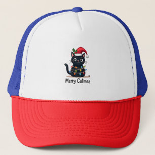 Merry Catmas Black Cat Christmas Light Xmas Family Trucker Hat