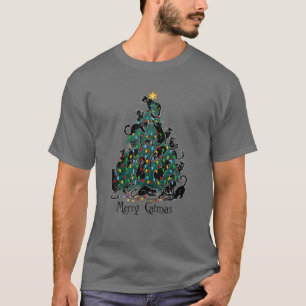 Merry Catmas Black Cat Lover Christmas Tree Light T-Shirt
