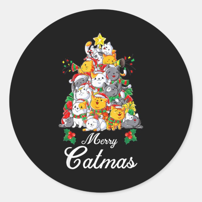 Merry Catmas Cat Christmas Tree Cat Lover  Classic Round Sticker (Front)