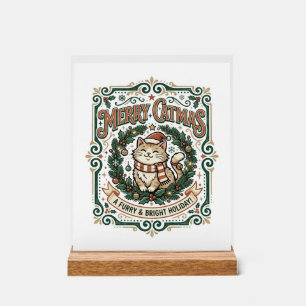 Merry Catmas Cat Christmas Vintage Vector Art Shir Acrylic Sign