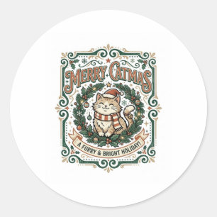Merry Catmas Cat Christmas Vintage Vector Art Shir Classic Round Sticker
