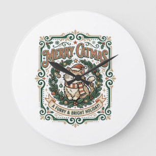 Merry Catmas Cat Christmas Vintage Vector Art Shir Large Clock