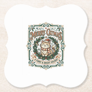 Merry Catmas Cat Christmas Vintage Vector Art Shir Paper Coaster