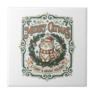 Merry Catmas Cat Christmas Vintage Vector Art Shir Tile